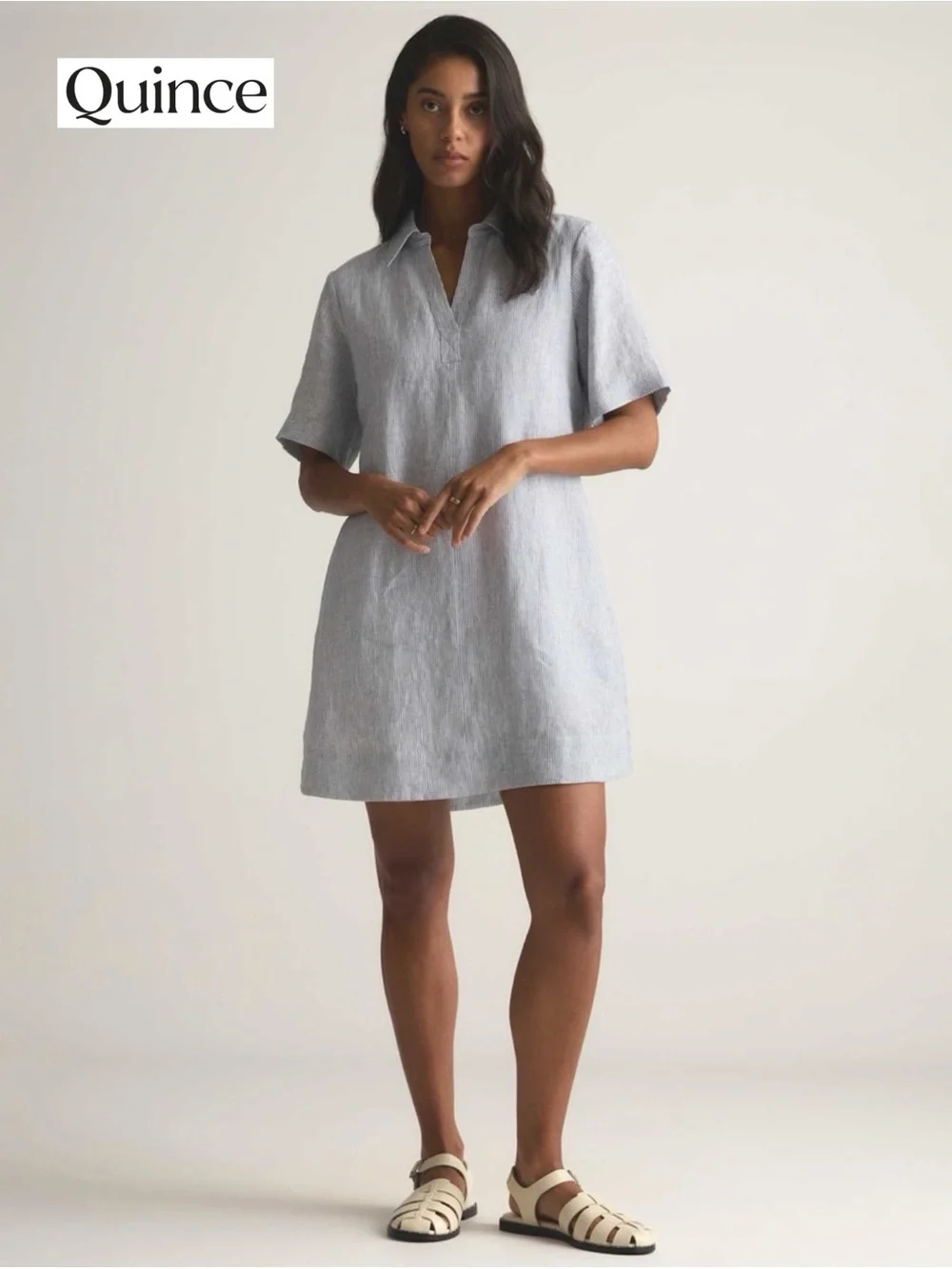 Quince 100% European Linen Popover Mini Dress Blue Pinstripe M Summer Pockets - Picture 2 of 15